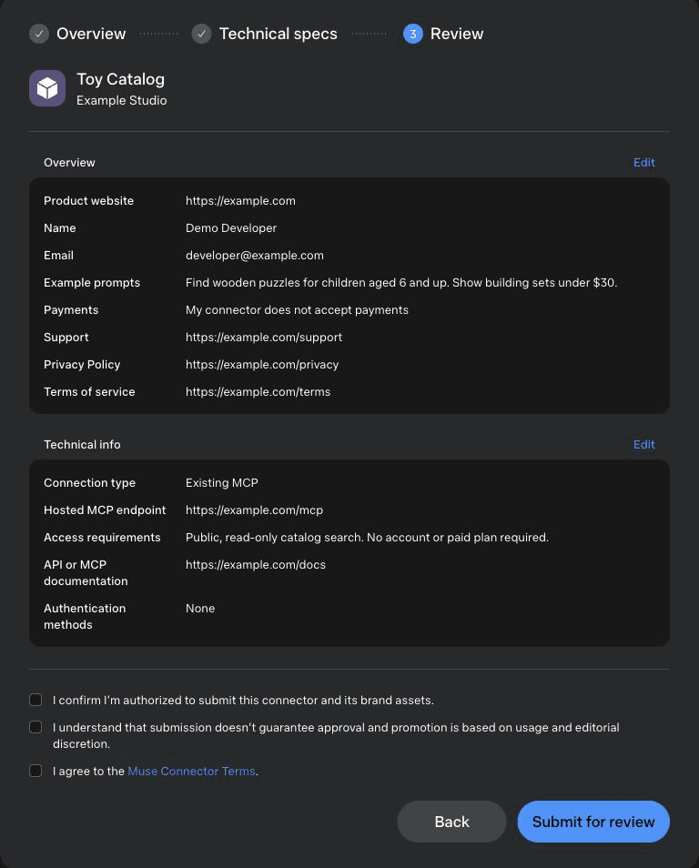 Muse Review page showing Toy Catalog's overview and technical information, unchecked acknowledgments, and the Submit for review button