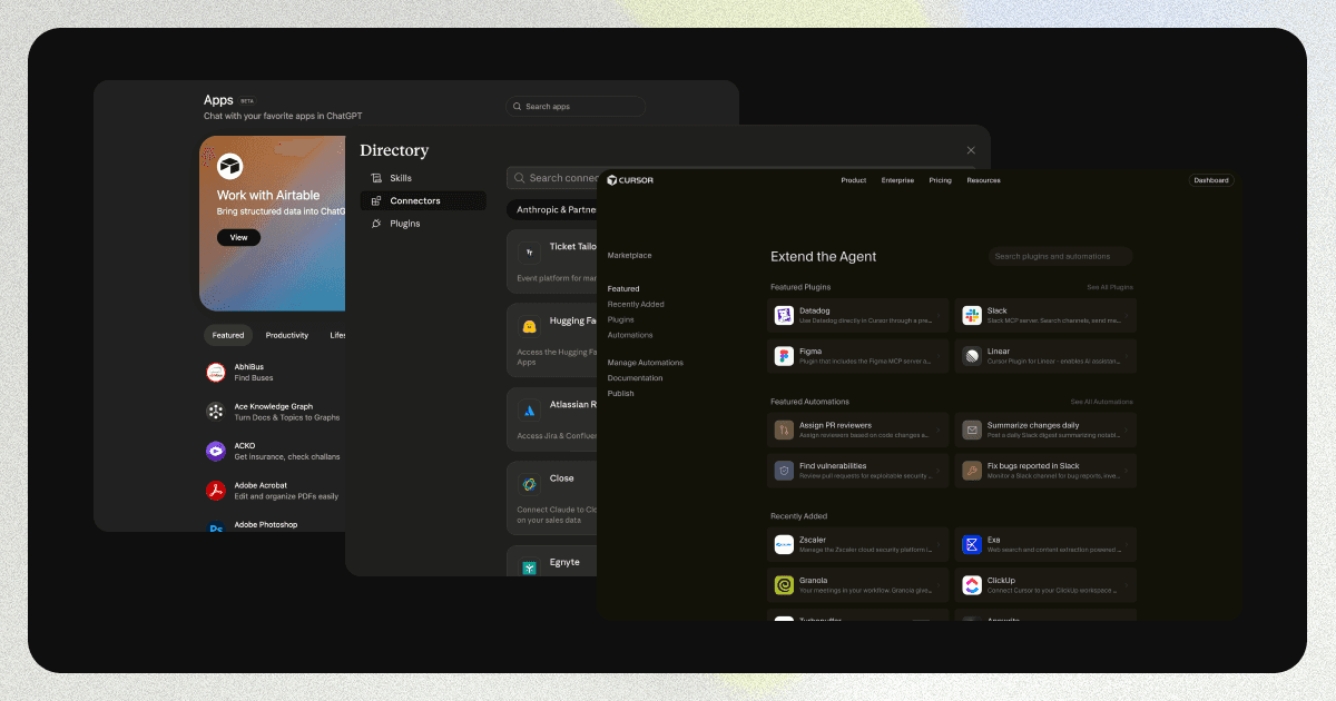 Examples of app directories in ChatGPT, Claude, and Cursor